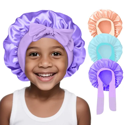 Vista 11 de 3 Piezas Gorros de Seda para Niños para Dormir - Gorro de Satén para Bebé para Dormir, Gorros de Cabello para Niños para Cabello Rizado Niñas Niños