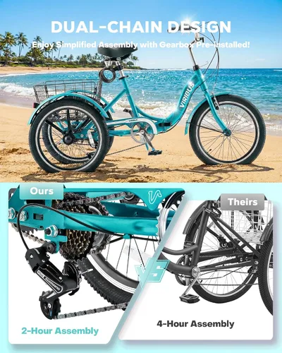 Vista 4 de VIRIBUS Triciclo plegable para adultos, triciclo plegable de 20 pulgadas para adultos de 1 o 7 velocidades con cesta, bicicletas plegables de 3