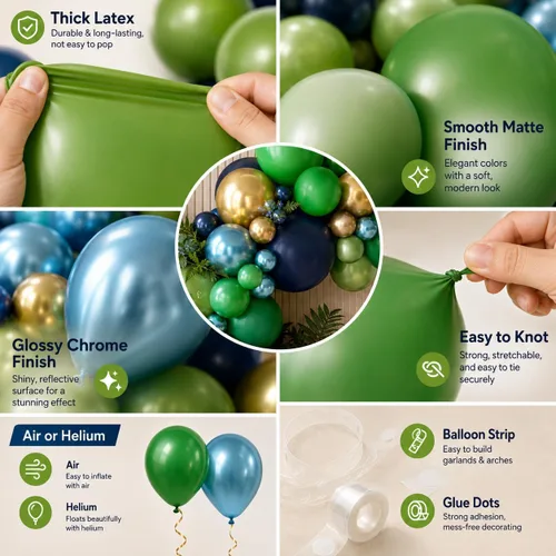 Vista 8 de Kit de guirnalda de globos azules y verdes de 134 piezas, kit de arco de globos azul marino, verde oscuro y dorado con globos cromados metálicos