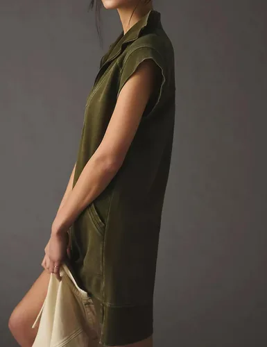 Vista 4 de Labolliy Vestido corto con cuello de solapa y media cremallera para mujer, manga casquillo, dobladillo con abertura, color liso, casual