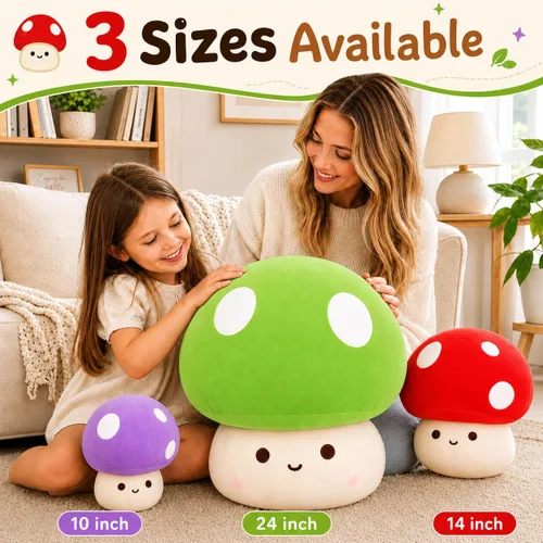 Vista 4 de Almohada de felpa de hongos verdes de 14 pulgadas, bonita decoración de hongos grandes, peluche de peluche, juguete suave regalo para niñas, niños