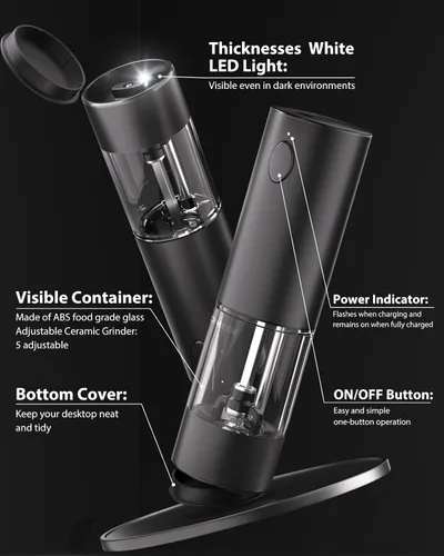 Vista 7 de TOMEEM Juego de molinillo eléctrico de sal y pimienta de mayor capacidad, recargable con luces LED, molinillo automático de pimienta y sal de acero
