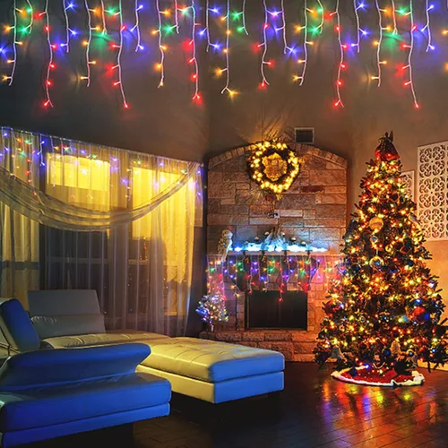 Vista 21 de JMEXSUSS 400 luces LED de Navidad de carámbano de 38.8 pies con control remoto, tira de luces multicolor para exteriores enchufables, 8 modos