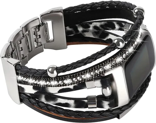 Vista 2 de Leather Bands Compatible with Fitbit Charge 6/Charge 5 Bands for Women, Boho Handmade Multilayer Wrap Bracelets Jewelry Strap Replacement for Charge