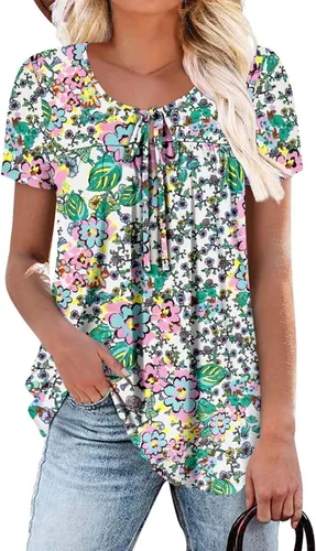 Vista 23 de BETTE BOUTIK Blusas de verano para mujer, plisadas, de manga corta, con cordón, cuello redondo, tallas S-3XL