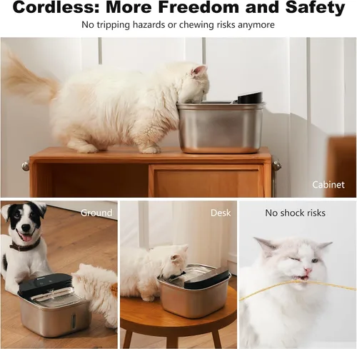 Vista 3 de Fuente de agua inalámbrica para gatos de acero inoxidable, dispensador de agua automático inalámbrico de 128 onzas / 3.78 L para gatos y perros