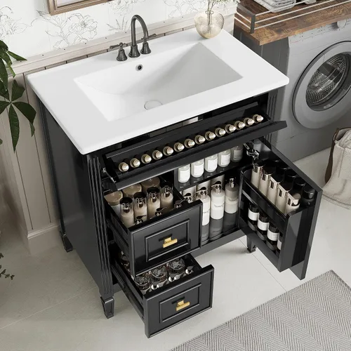 Vista 26 de Harper & Bright Designs Tocador de baño de 24 pulgadas con lavabo, juego de tocador independiente con 4 cajones, estantes de almacenamiento y Negro