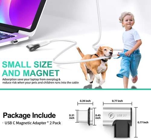 Vista 6 de Adaptador magnético USB C derecho (paquete de 2), conector tipo C de 24 pines, compatible con carga rápida PD de 100 W, transferencia de datos USB