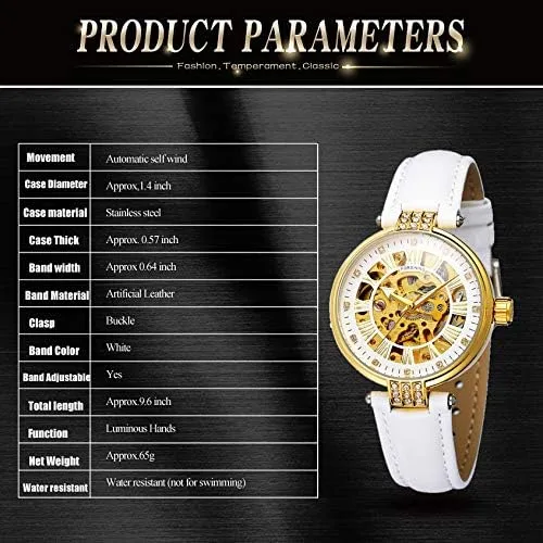 Vista 4 de Reloj de pulsera para mujer, analógico, números romanos esqueleto cristal automático automático automático reloj de cuero mecánico