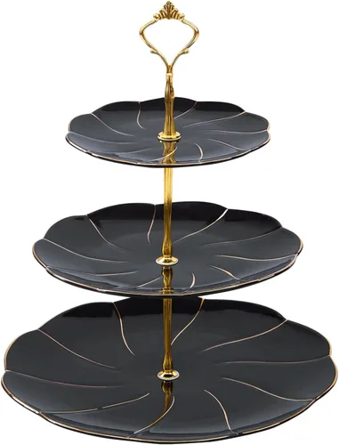 Vista 8 de DUJUST Lujo Soporte para Magdalenas de Porcelana de 3 Niveles en Forma de Torre, Bandeja de Servir de Estilo Británico con Borde Dorado, Soporte