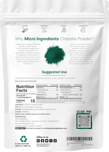 Vista 2 de Micro ingredientes USDA, Chlorella en polvo, orgánico, 1.1 libra, El mejor alimento, rico en vitaminas y proteínas