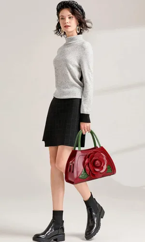 Vista 2 de PIJUSHI Bolsos florales de diseño para mujer de cuero auténtico con asa superior
