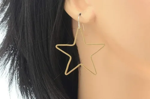 Vista 3 de Large star gold brass hoop earrings cowgirl western southwestern dangle earrings for men women