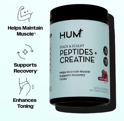 Vista 2 de HUM Stack & Sculpt Peptides + Creatina en polvo, bayas mixtas, 30 porciones