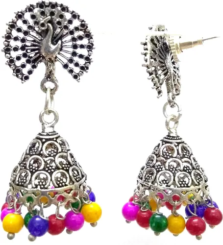 Vista 2 de DESI HAWKER Pendientes de plata oxidados Bali Jhumki Jhumka Jewelry Bollywood Drop colgante de araña cónica pavo real NI-162