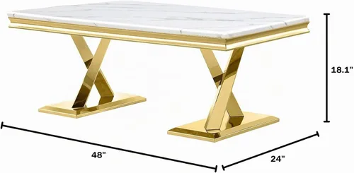 Vista 3 de ACEDÉCOR Mesa de centro dorada, mesa central de lujo para sala de estar con mesa blanca y base en X pulida dorada, mesa de té rectangular para sala