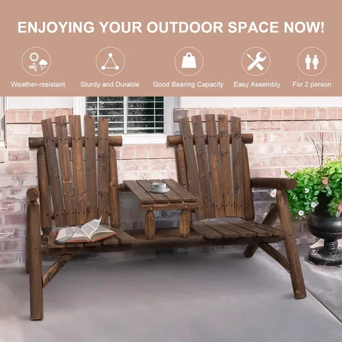 Vista 3 de Silla Adirondack de madera de 2 asientos, juego de sillas para exteriores con mesa auxiliar central, silla Adirondack de dos plazas al aire libre