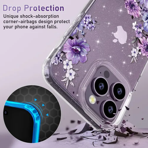 Vista 5 de OKP Funda 3 en 1 para iPhone 14 Pro Max, con protector de pantalla/protector de lente de cámara, bonito patrón floral, transparente, brillante
