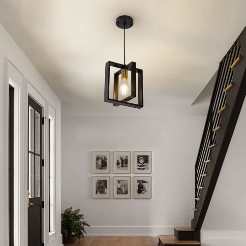 Vista 8 de Lámpara colgante negra de granja, candelabro pequeño de 1 luz, lámpara de comedor de madera con cable ajustable, luces colgantes para pasillo, isla