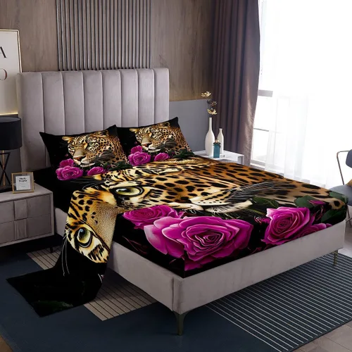 Vista 33 de Erosebridal Sábanas de cama de guepardo con rosa roja, juego de sábanas de bolsillo profundo con estampado de leopardo y gato, sábana bajera