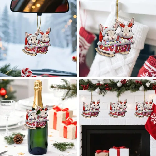 Vista 6 de Adornos de árbol de Navidad colgantes de conejo lindo con impresión en dos lados, madera, recuerdo para mujeres, hombres y amigos, adornos de árbol