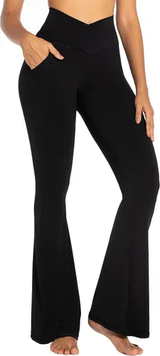 Vista 2 de Sunzel Leggings acampanados para mujer con bolsillos, pantalones de yoga cruzados con control de abdomen, cintura alta y pierna ancha