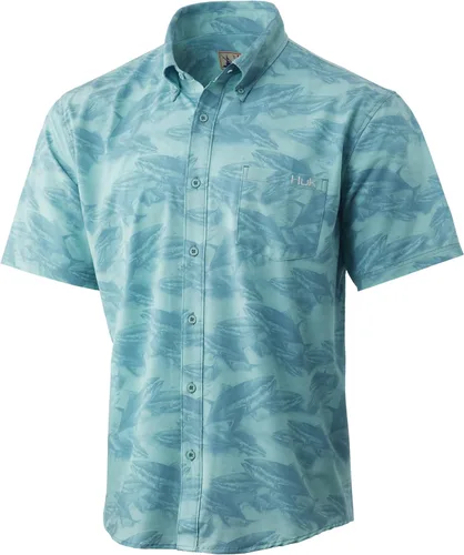 Vista 9 de HUK Camisa Kc Scott estampada Kona, camisa de rendimiento con botones de manga larga para hombre Fish Chaos - Blanco