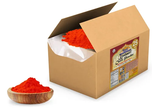 Vista 3 de Rani Kashmiri - Chile en polvo (Deggi Mirch, bajo calor) Especia india molida 25lbs (11.36kg) Caja a granel ~ 100% natural Sin sal Vegano Sin