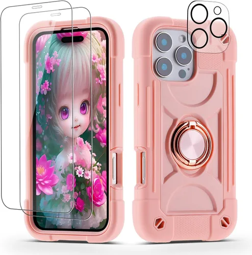 Vista 126 de Funda para iPhone 11 de 6.1 pulgadas con soporte de anillo, con 2 protectores de pantalla de vidrio, resistente a los golpes, resistente a