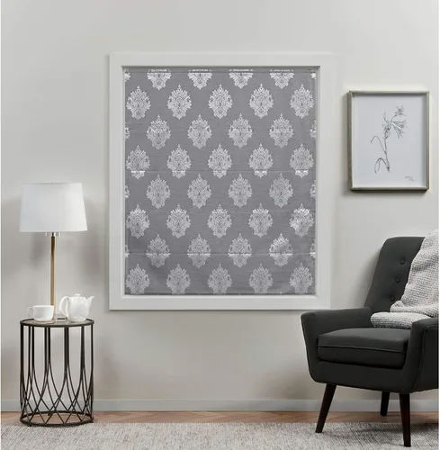 Vista 8 de [Usado] EXCLUSIVE HOME Marseilles Damask - Persiana romana 100% opaca de 23 x 64 pulgadas, color gris