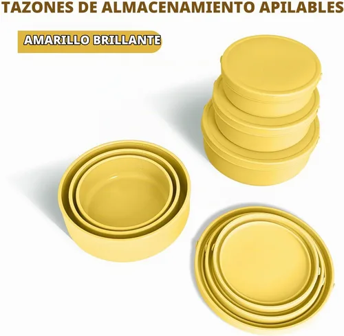 Vista 2 de Juego de 3 cuencos de silicona para almacenamiento de alimentos con tapas, aptos para microondas y congelador Amarillo claro