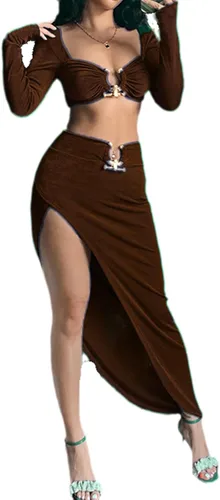 Vista 3 de Vestido de dos piezas para mujer, sexy, ajustado, con abertura, manga larga, para club, salida nocturna, maxi vestidos de fiesta