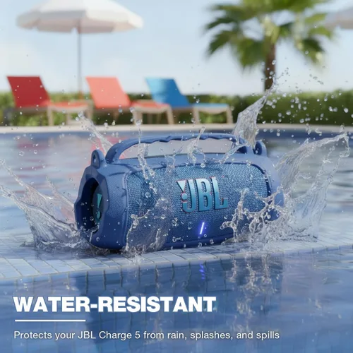 Vista 4 de Funda de silicona compatible con altavoz Bluetooth portátil impermeable JBL Charge 5 (azul)