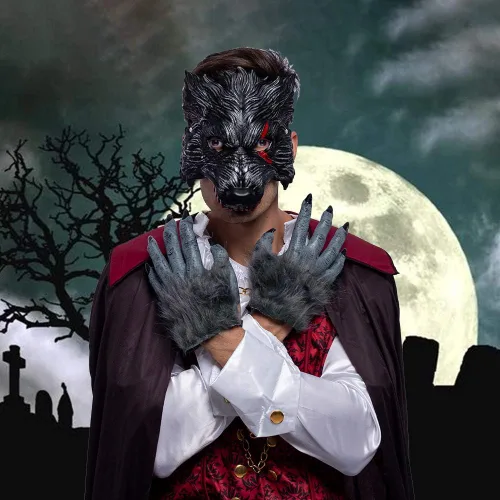 Vista 2 de Spooktacular - Máscara de lobo y garras de Halloween realista negro grande malo aullante 3D disfraz de hombre lobo con manchas de sangre incluye