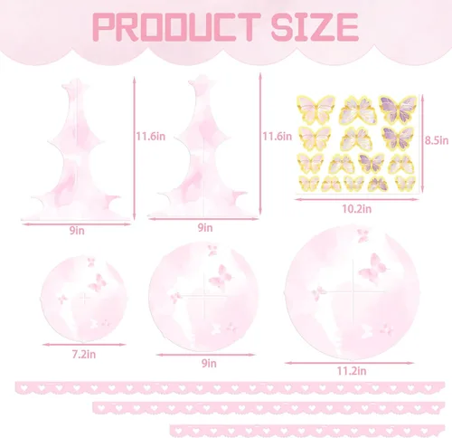Vista 3 de Soporte para cupcakes de mariposa rosa de 3 niveles, torre de postre de princesa Elegante diseño de mariposa rosa, torre de postre de 3 niveles