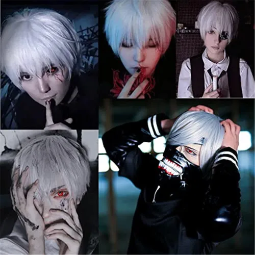 Vista 6 de COSPLAZA Cosplay peluca corta blanca plateada esponjosa masculina anime show Halloween fiesta pelucas de pelo