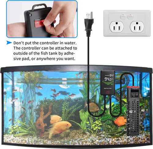 Vista 4 de Calentador de acuario de 800 W sumergible para pecera con tubos de cuarzo dobles y controlador de temperatura de pantalla LED para 80-220 galones