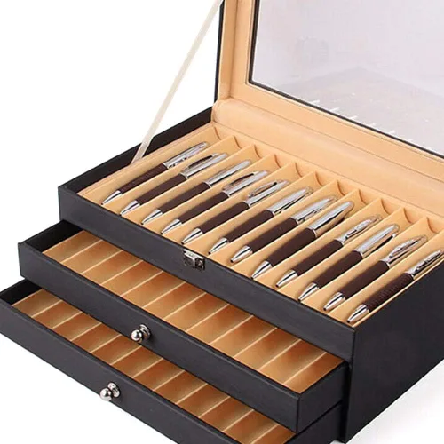 Vista 5 de Caja organizadora de bolígrafos de franela de cuero negro de 36 piezas, caja organizadora de bolígrafos de vidrio con tapa, vitrina de cristal