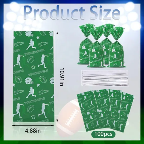 Vista 2 de Glodecart 100 bolsas de celofán de fútbol americano para decoración deportiva, fiestas, galletas, fútbol, deportes, bolsas de dulces con lazos
