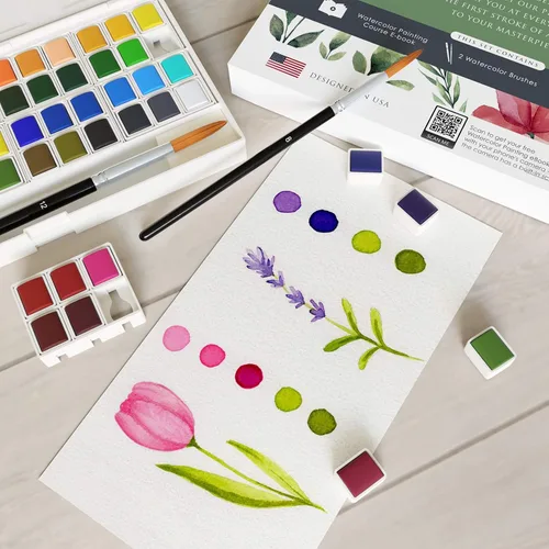 Vista 9 de Vivart Juego de acuarelas prémium de 48 colores para adultos y principiantes – 48 medias sartenes vívidas, 2 pinceles de calidad artística