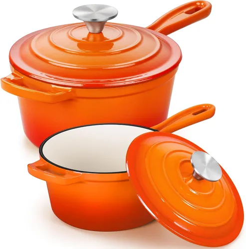 Vista 35 de E-far Sartén de hierro fundido esmaltado con tapa, cacerola de horno holandés de 1 cuarto de galón, mini olla para cocinar, hervir, saludable
