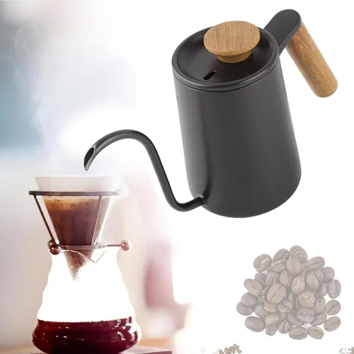 Vista 4 de Pour Over - Hervidor de café de 20.3 fl oz, mango de acero inoxidable, boquilla de cuello de cisne larga y estrecha (negro)