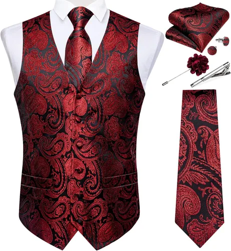 Vista 13 de DiBanGu Juego de chaleco y corbata para hombre, chaleco formal de cachemira y corbata con bolsillo cuadrado y gemelos, de seda, para traje o Verde