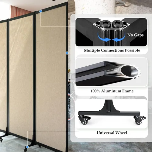 Vista 4 de Room Partition 2.0 Versión de actualización,6'L* 6'7"H,3 Panel, Beige Freestanding Rolling Dividers with Wheels,Office privacy screen Divider Wall
