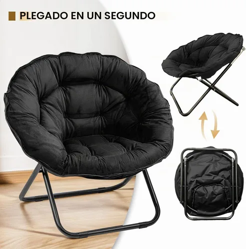 Vista 3 de Grezone Silla plegable con platillo, silla de luna perezosa de gran tamaño con marco de metal, cómodas sillas de dormitorio para dormitorio, sala