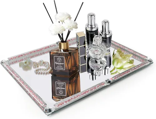 Vista 10 de Bandeja de cristal dorado, 11.8 x 7.9 pulgadas, bandeja decorativa de cristal para exhibición de perfumes cosméticos para una hermosa encimera