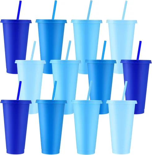 Vista 16 de Skylety - 12 vasos de plástico con purpurina azul con tapas y pajillas, 24