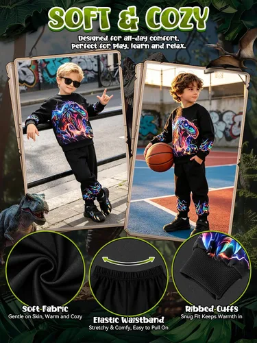 Vista 4 de Ochine Ropa para niños pequeños, sudadera de manga larga con estampado de dinosaurio T-Rex, sudadera y pantalones, 2 piezas, trajes de otoño e