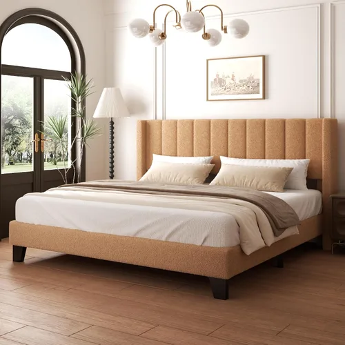 Vista 13 de Base de cama tamaño matrimonial con cabecero, marco de cama plataforma tapizado con cabecero de terciopelo tipo osito de peluche, soporte