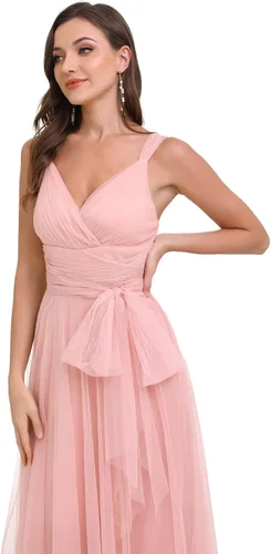 Vista 5 de Ever-Pretty Elegante cuello en V para mujer con cintura de fajín de una línea maxi de tul vestido cruzado vestidos de dama de honor 07303-USA